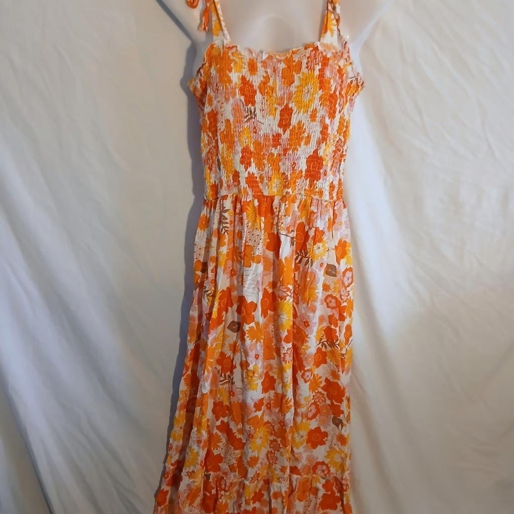 Zesica Orange floral midi dress w smocked top large